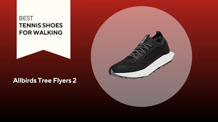 In image of a black and white Allbirds Tree Flyer 2 against a red background.